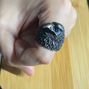 Vintage Gothic Owl Statement Ring with Blue Crystal Eyes